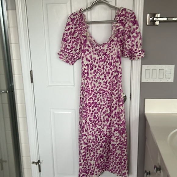 Who What Wear Pink Leopard Linen Blend Puff Sleeve Midi Dress - Picture 5 of 6